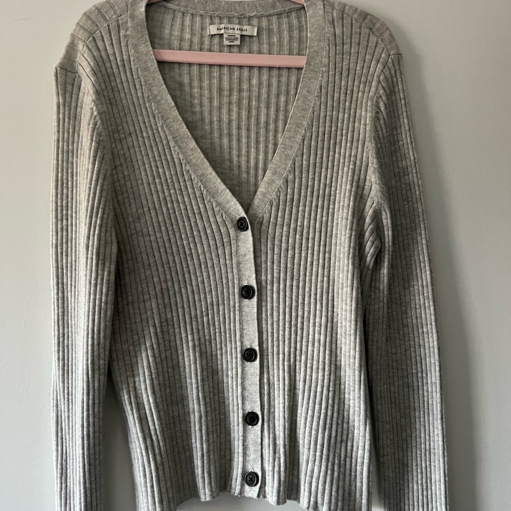 American Eagle sweater top, grey, black buttons, size M